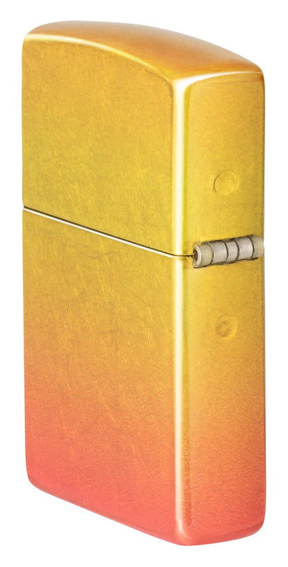 Ombre Orange Yellow 540 Fusion Windproof Lighter standing at an angle, showing the back and hinge side of the lighter.