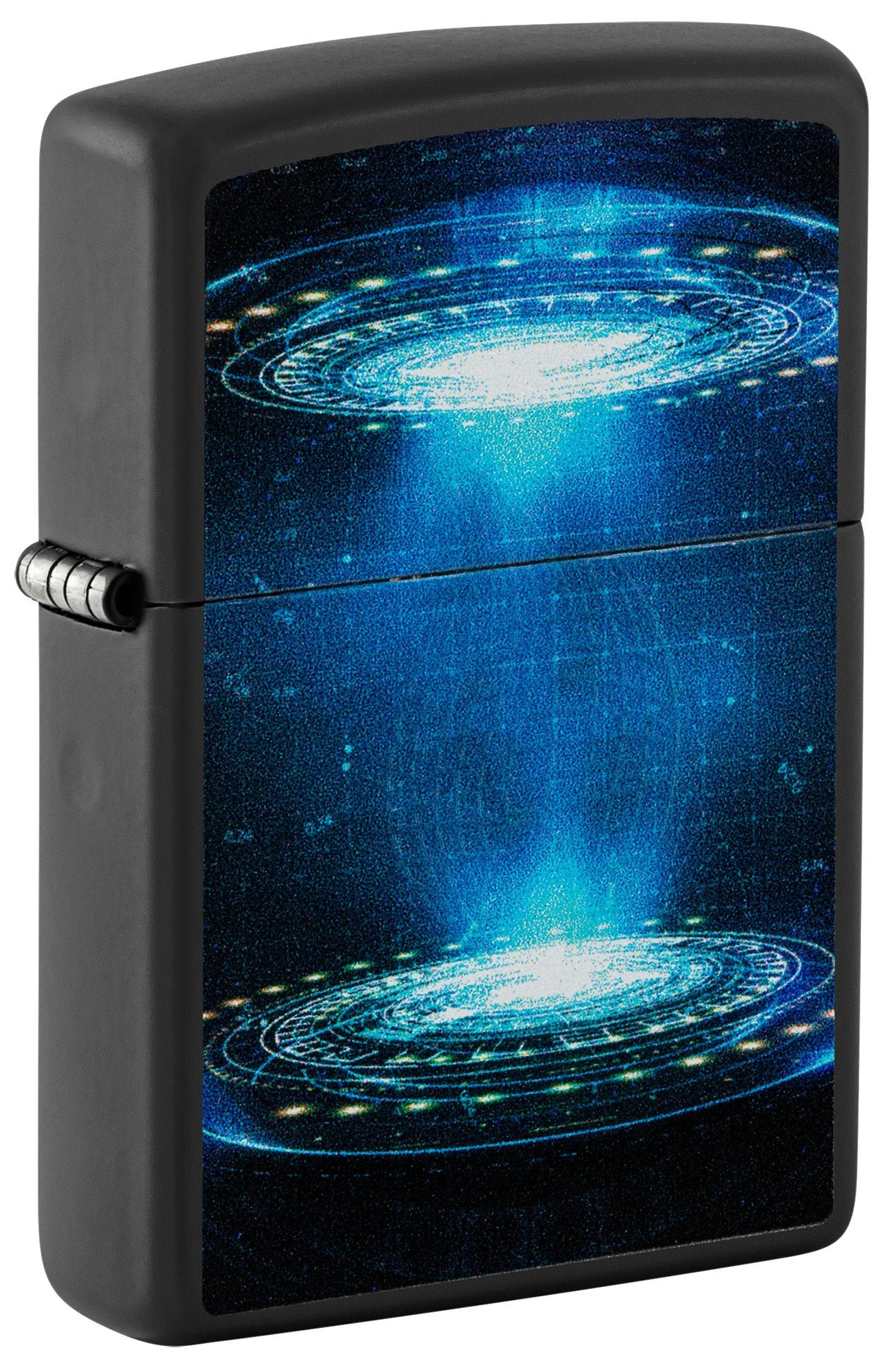 Front shot of Zippo Black Light UFO Flame Design Black Matte Windproof Lighter standing at a 3/4 angle.