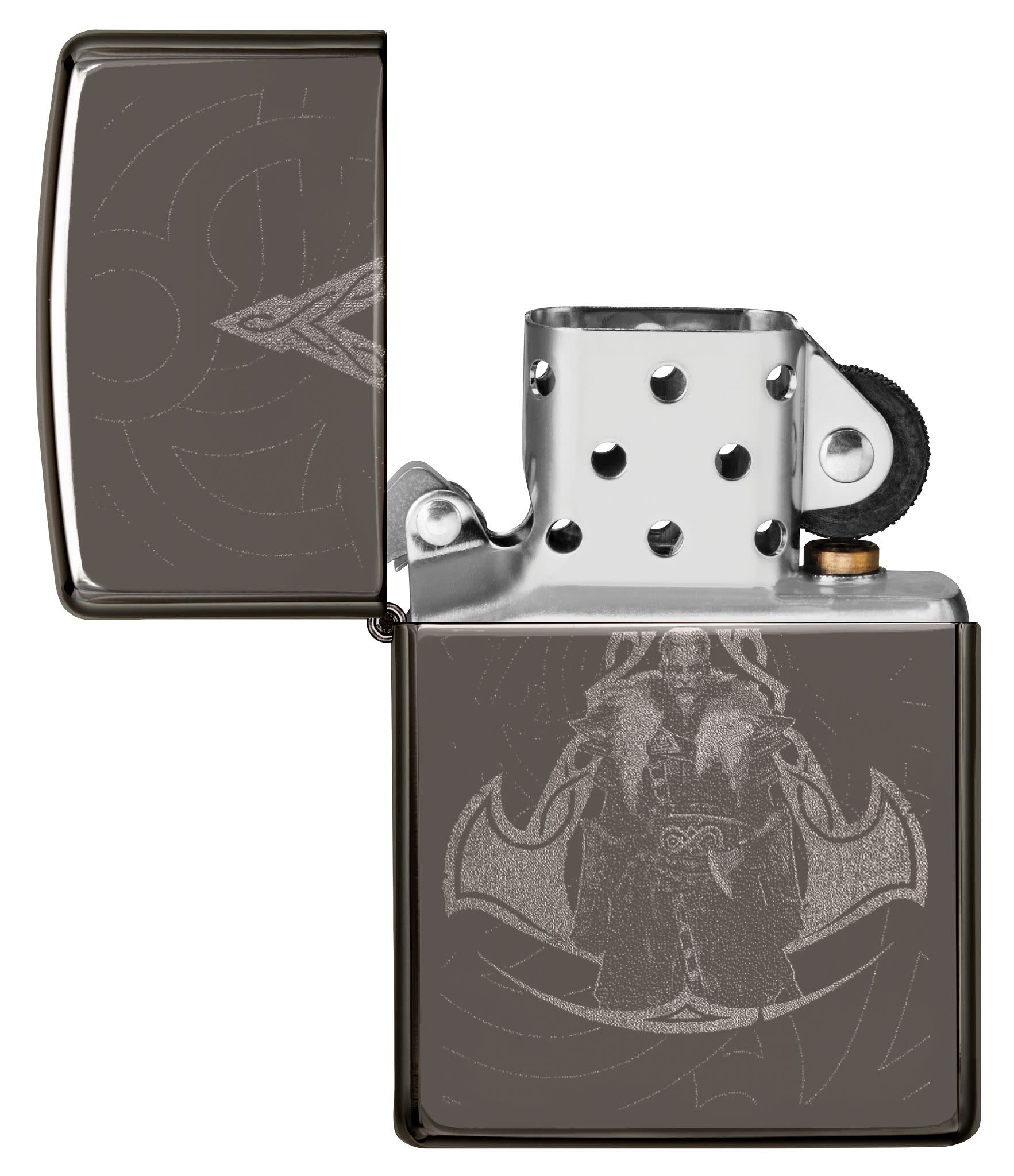 Assassin's Creed® Valhalla pocket lighter open and unlit showing the front of the lighter