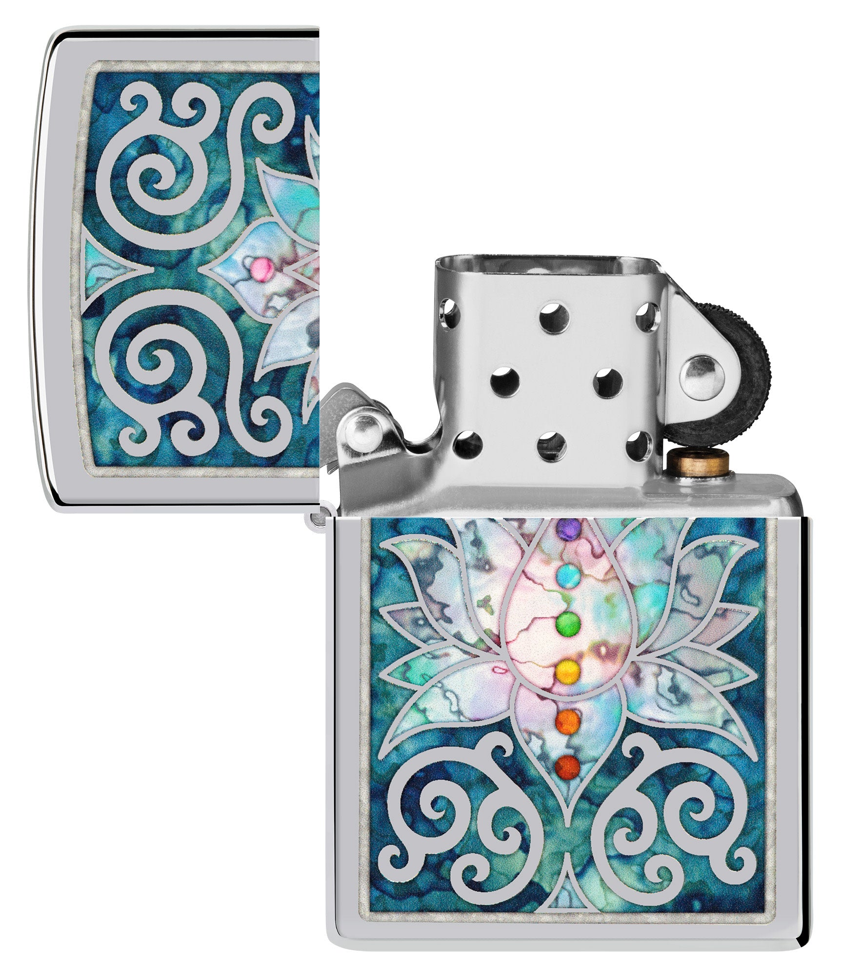 Zippo Fusion Lotus Flower Design High Polish Chrome Windproof Lighter with its lid open and unlit.