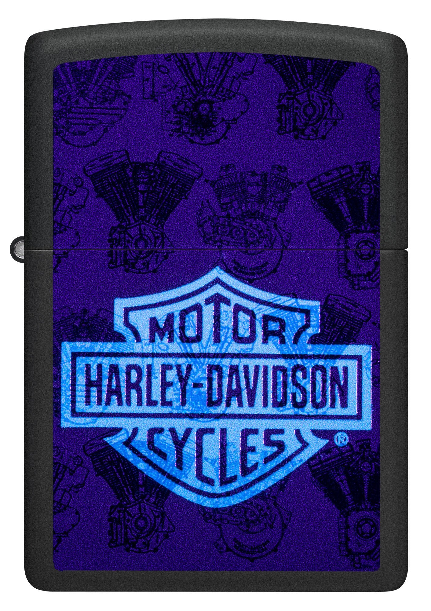 Front view of Zippo Harley-Davidson Black Light Logo Black Matte Windproof Lighter under Black Light.