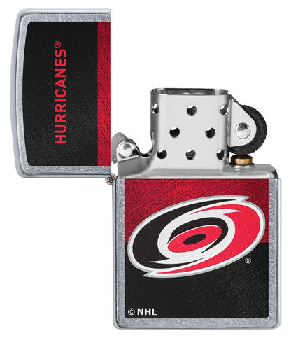 NHL® Carolina Hurricanes Street Chrome™ Windproof Lighter with its lid open and unlit