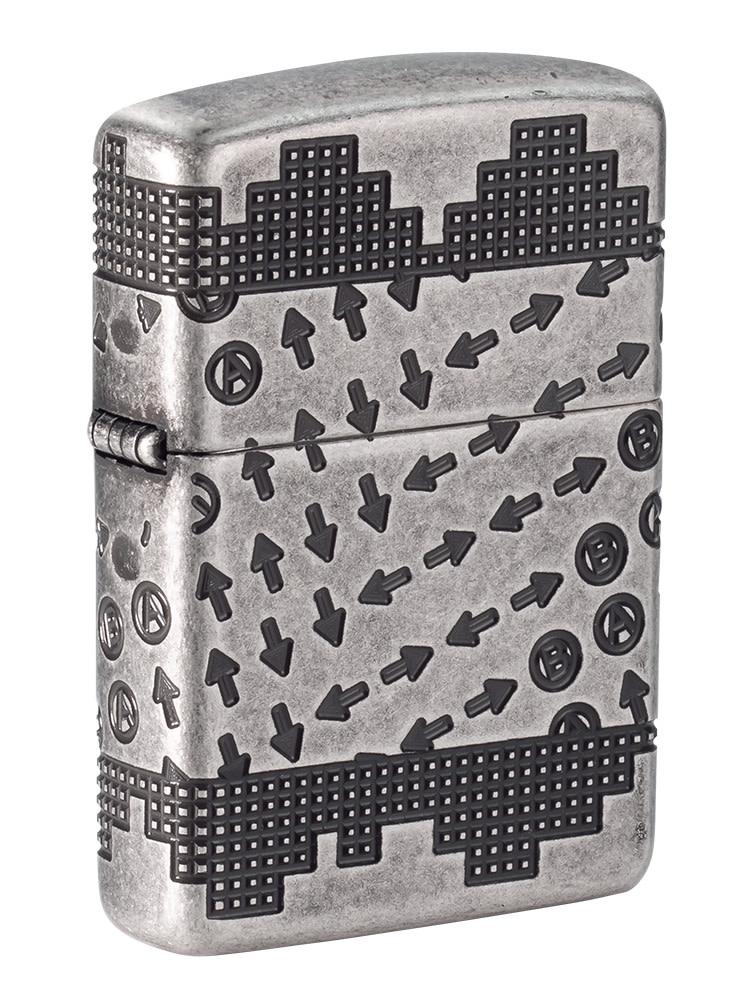 Front shot of Gaming Cheat Code ArmorÂ® Antique Silver Windproof Lighter standing at a 3/4 angle