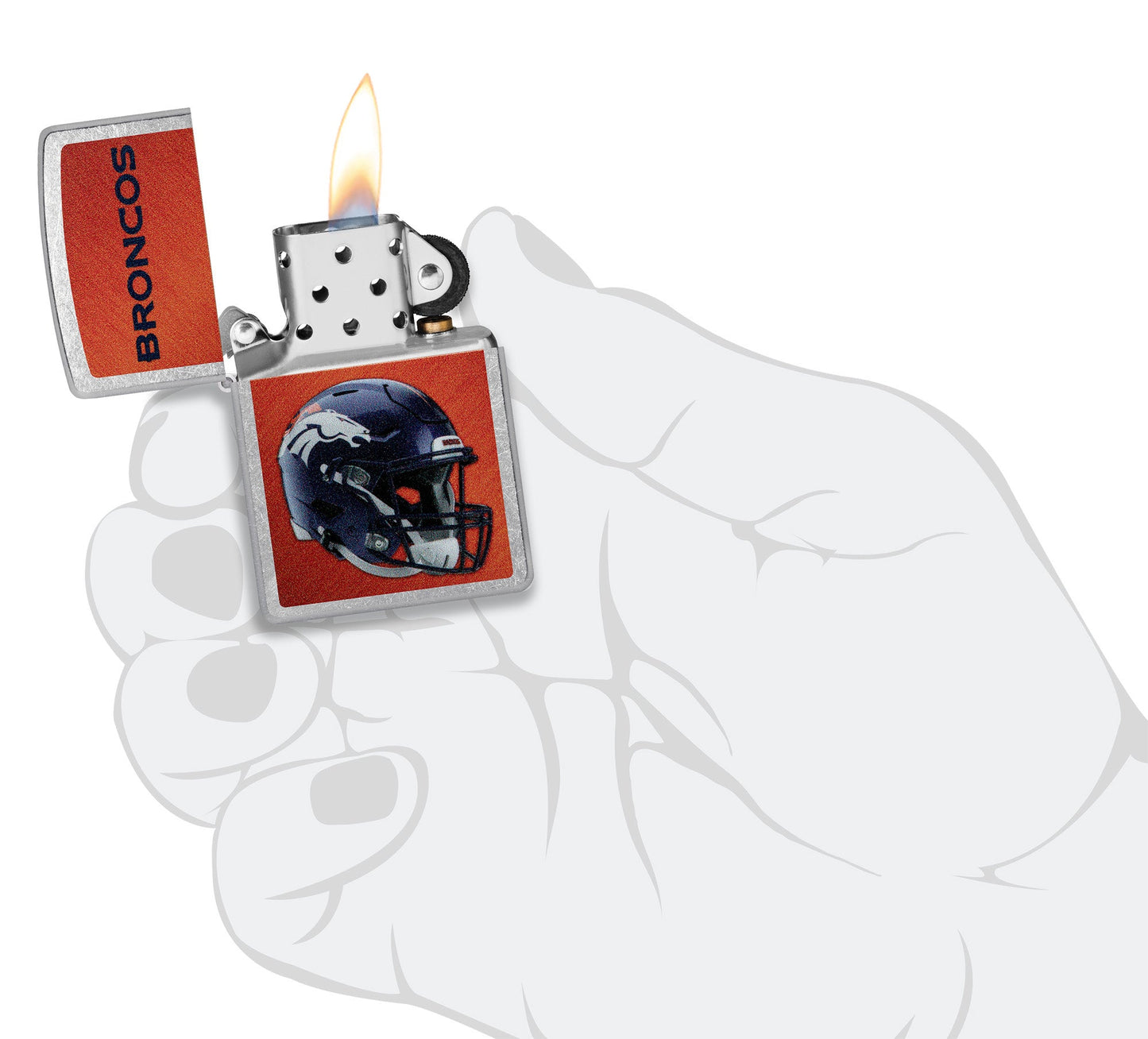 NFL Denver Broncos Helmet Street Chrome Windproof Lighter lit in hand.