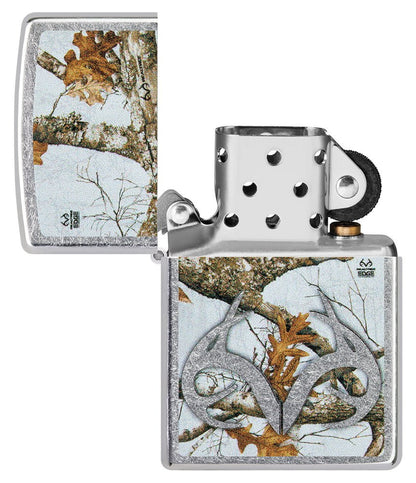 Realtree® Camo Logo Street Chrome™ Windproof Lighter with its lid open and unlit.