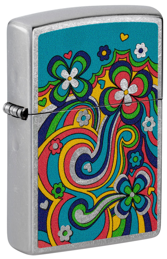 Front shot of Zippo Flower Power Design Street Chrome Pocket Lighter standing at a 3/4 angle.