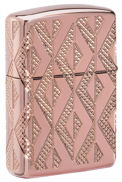 Back shot of Geometric Diamond Pattern Design Armor® Rose Gold Windproof Lighter standing at a 3/4 angle.