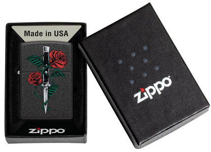 Rose Dagger Tattoo Design Black Crackle® Windproof Lighter in its packaging.