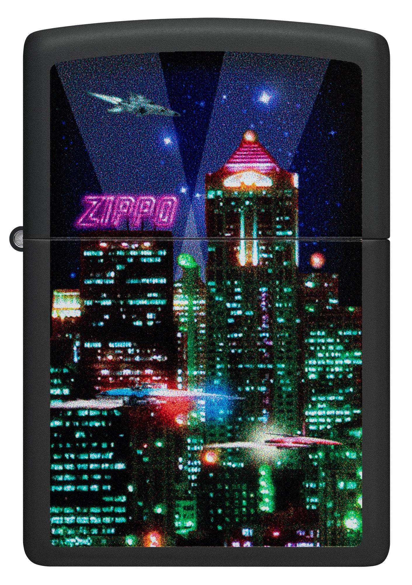 Front view of Zippo Cyber City Design Black Matte Windproof Lighter  Lighter.