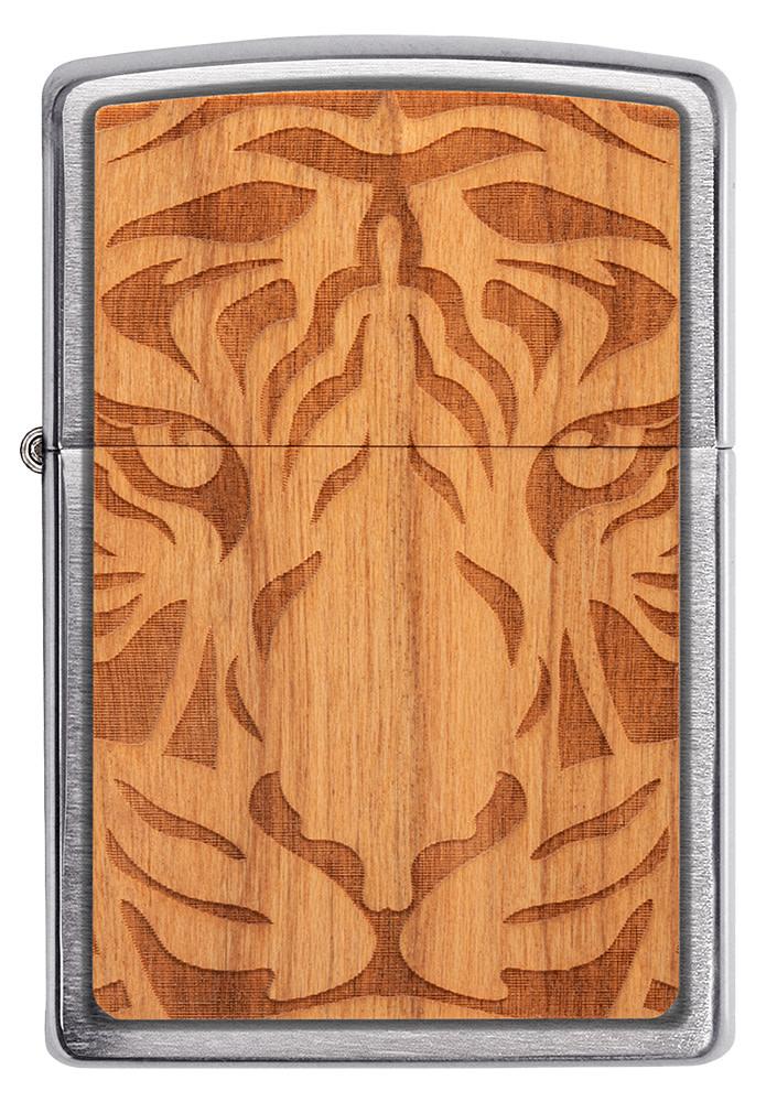 Front view of WOODCHUCK USA Cherry Tiger Head Emblem Windproof Lighter.