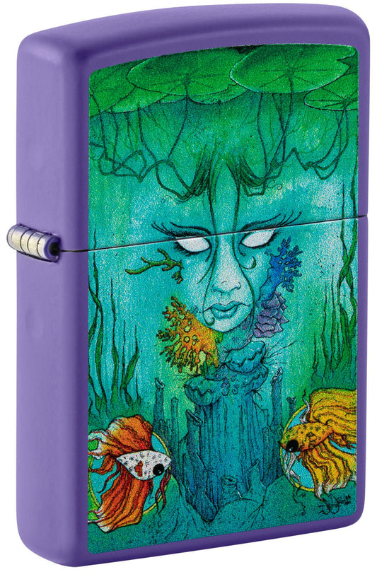 Front shot of Zippo Sean Dietrich Brackish Design Purple Matte Windproof Lighter standing at a 3/4 angle.