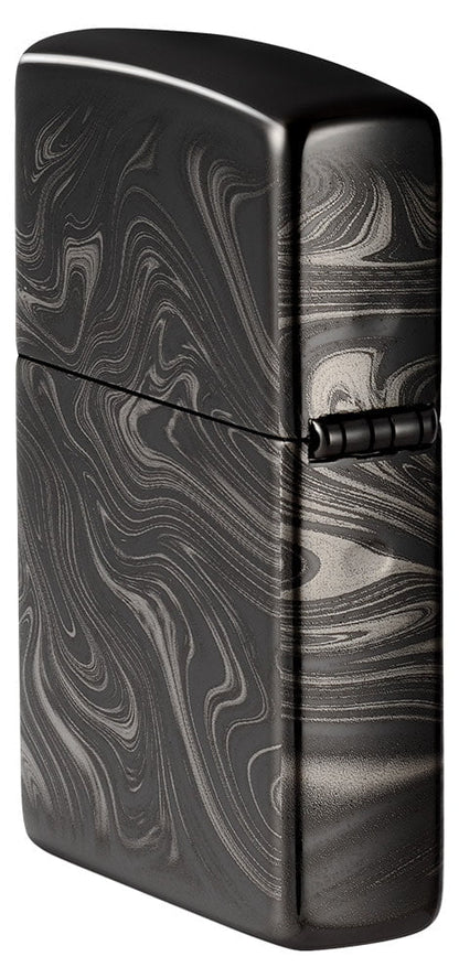 Angled shot of Marble Pattern Design High Polish Black Windproof Lighter, showing the back and hinge side of the lighter.