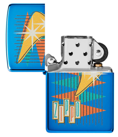 Retro Zippo Design High Polish Blue Windproof Lighter with its lid open and unlit.