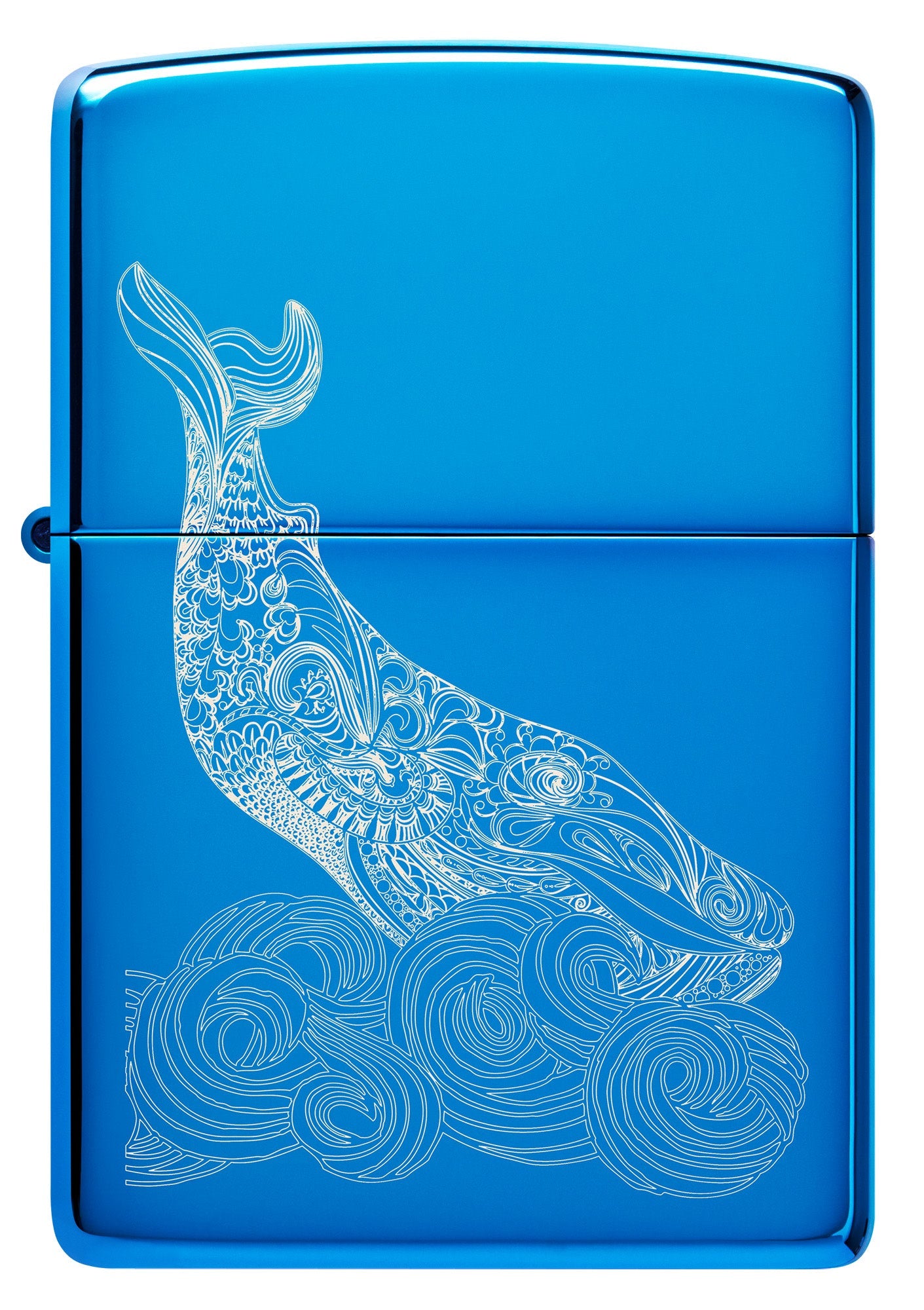 Front view of Whale Design High Polish Blue Windproof Lighter.