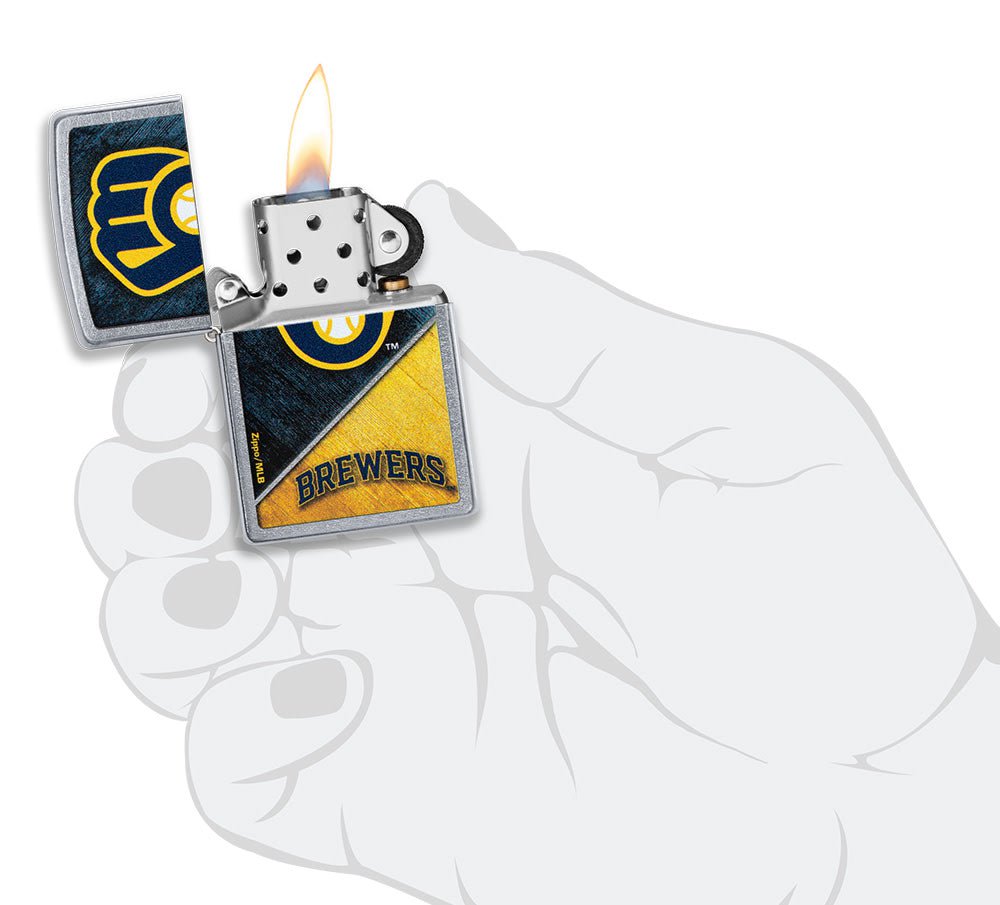 MLB® Milwaukee Brewers™ Street Chrome™ Windproof Lighter lit in hand.