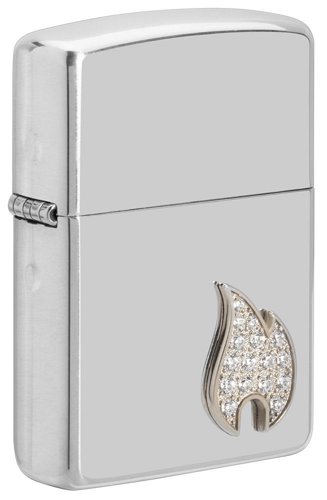 Front shot of ArmorÂ® Sterling Silver Flame Emblem Windproof Lighter standing at a 3/4 angle.