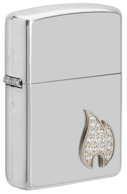 Front shot of ArmorÂ® Sterling Silver Flame Emblem Windproof Lighter standing at a 3/4 angle.