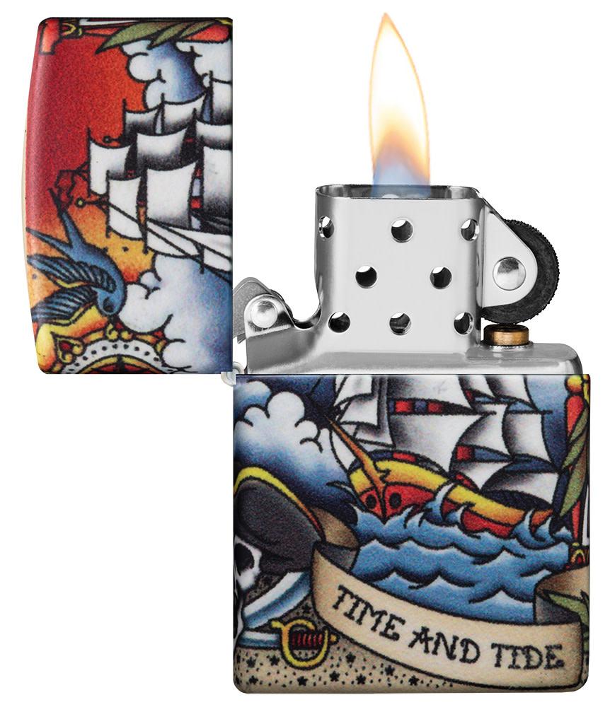 Nautical Tattoo Design 540 Color Windproof Lighter with its lid open and lit