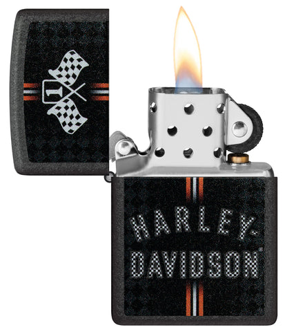 Zippo Harley-Davidson Checkered Flags Design Black Crackle Windproof Lighter with its lid open and lit.