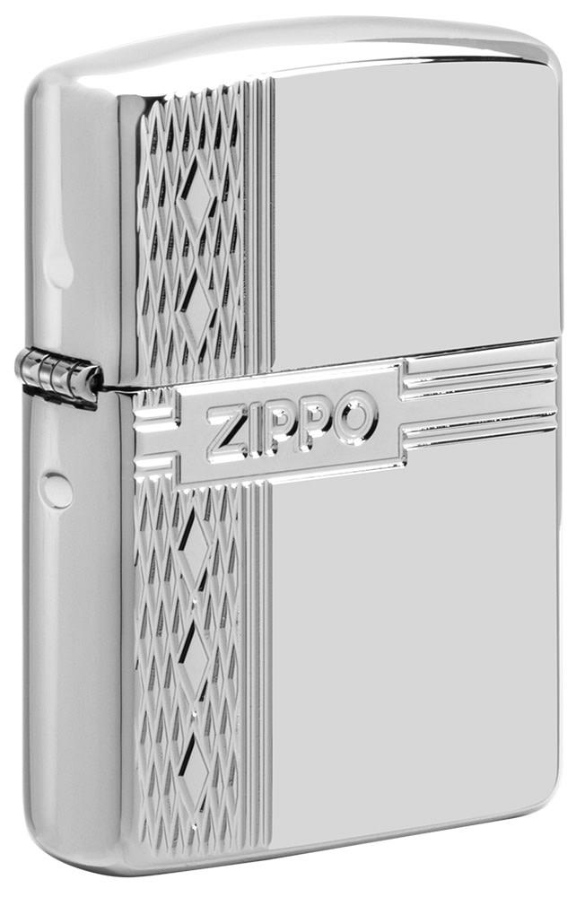 Front shot of ArmorÂ® Sterling Silver Zippo Diamond Design Windproof Lighter standing at a 3/4 angle