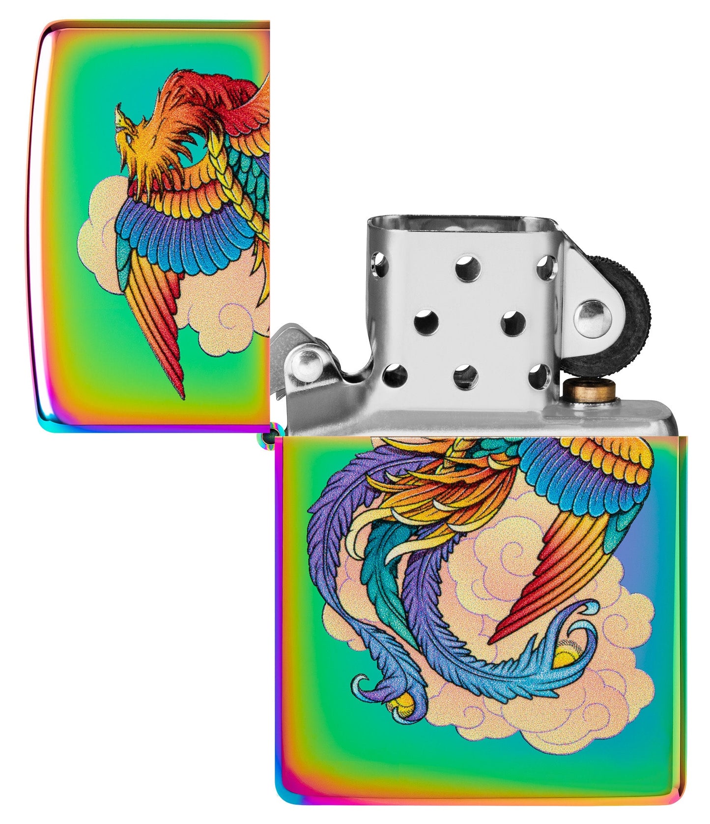 Zippo Phoenix Design Mulit Color Windproof Lighter  with its lid open and unlit.