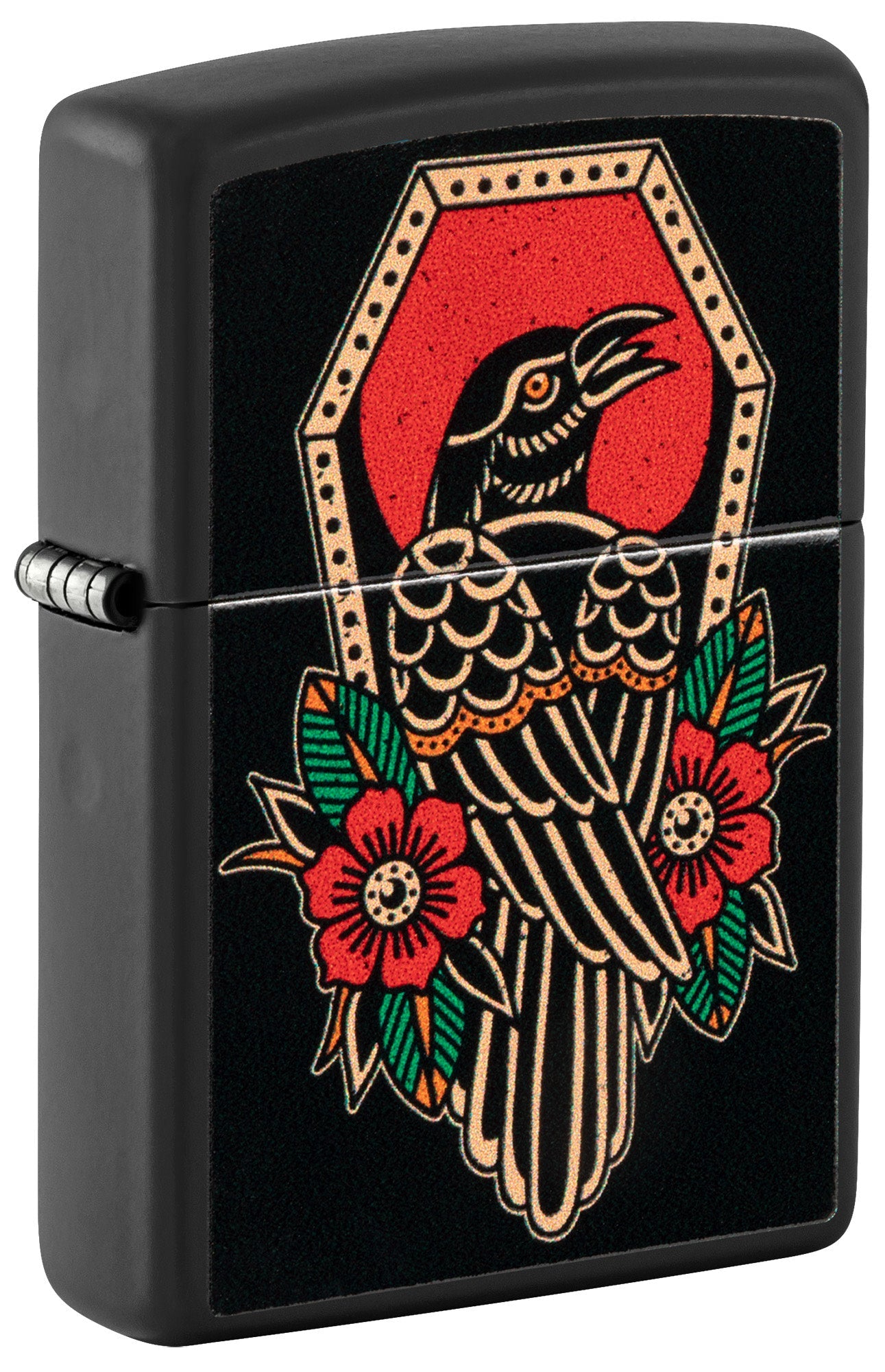 Front shot of Zippo Crow Tattoo Design Black Matte Windproof Lighter standing at a 3/4 angle.