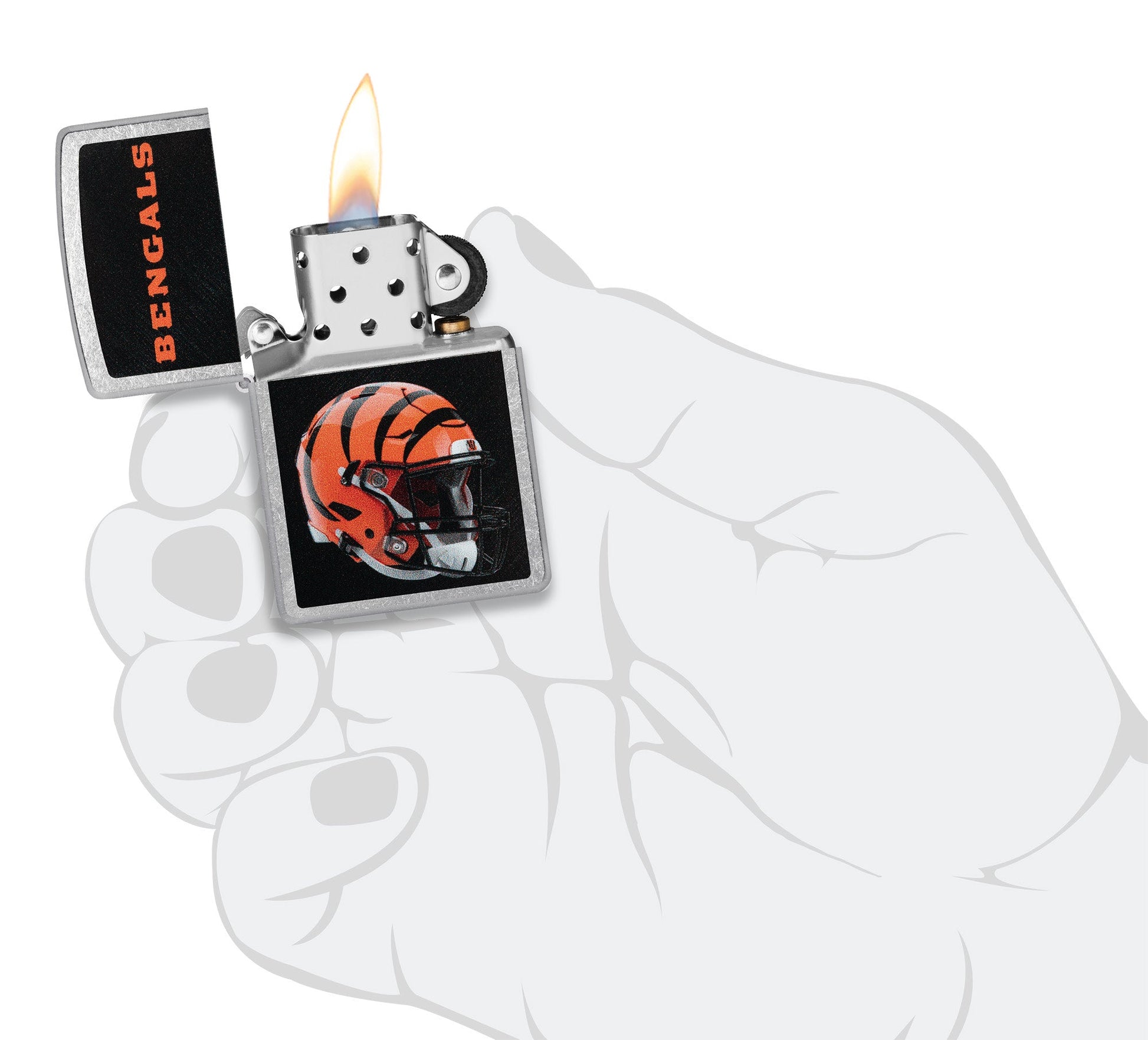 NFL Cincinnati Bengals Helmet Street Chrome Windproof Lighter lit in hand.