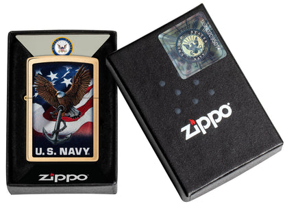 Zippo U.S. Navy Eagle Anchor & Flag Brushed Brass Windproof Lighter in its packaging.