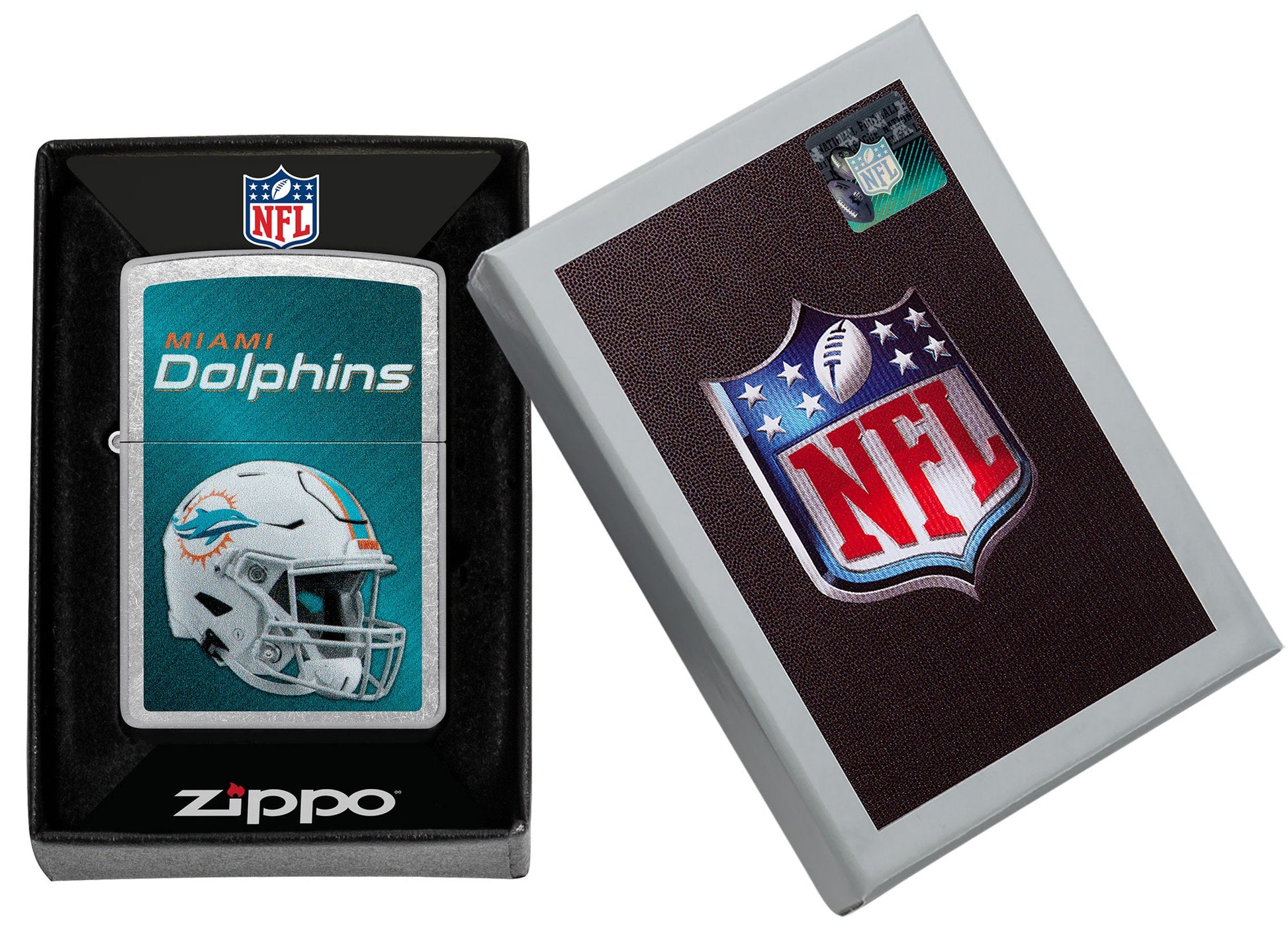 NFL Miami Dolphins Helmet Street Chrome Windproof Lighter in its packaging.