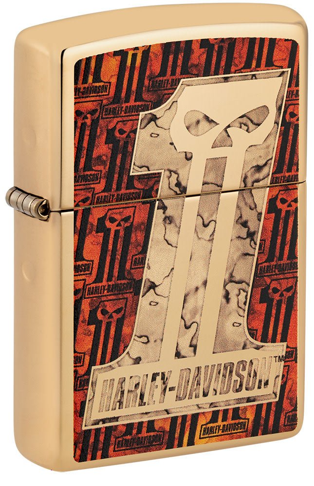 Front shot of Harley-Davidson Number 1 Skull High Polish Brass Windproof Lighter standing at a 3/4 angle.