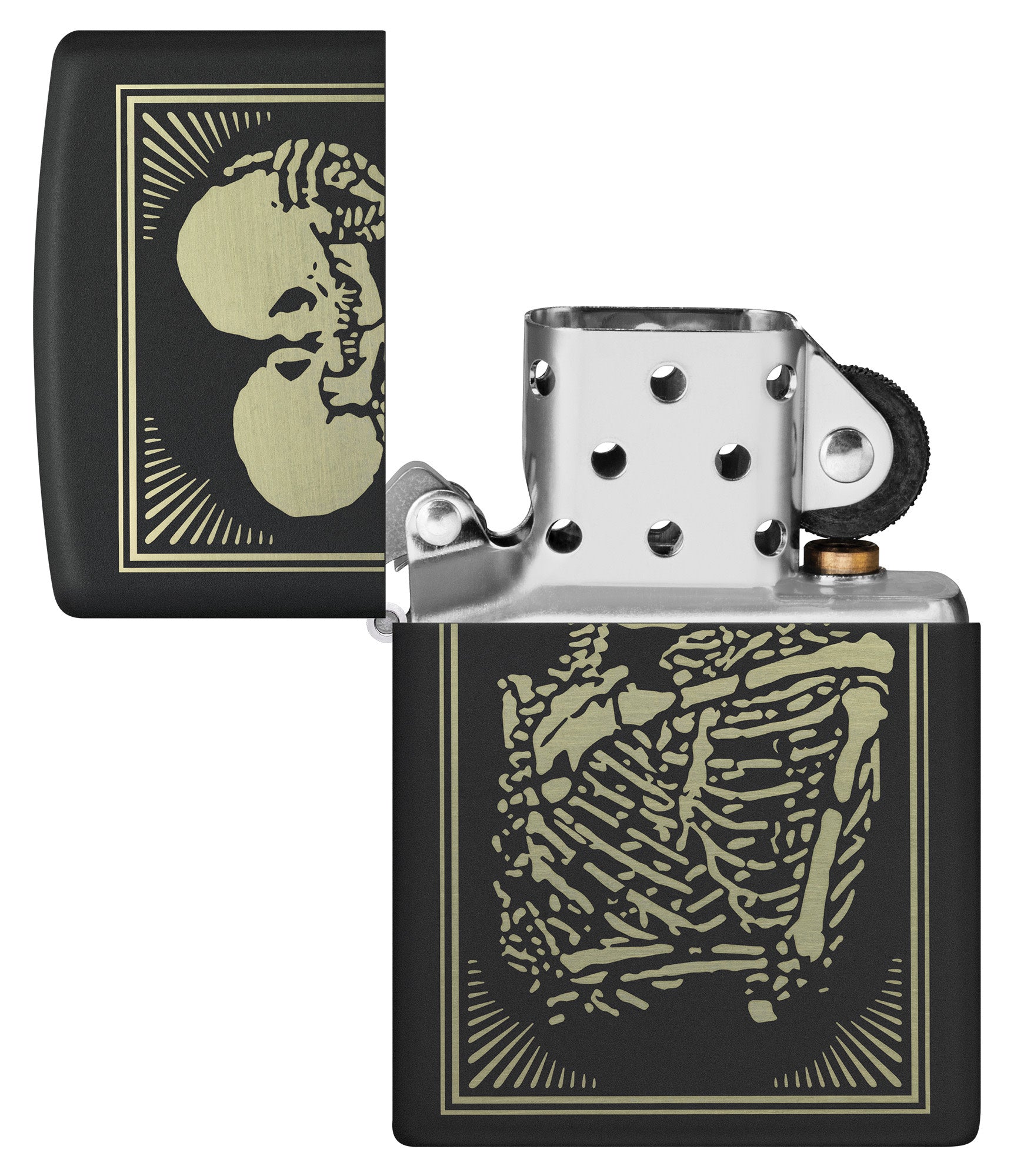 Lovers Design Black Matte Windproof Lighter with its lid open and unlit.