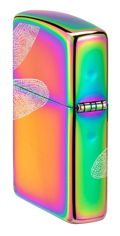 Angled shot of Zippo Dragonfly Design Multi Color Windproof Lighter showing the back and hinge side of the lighter.