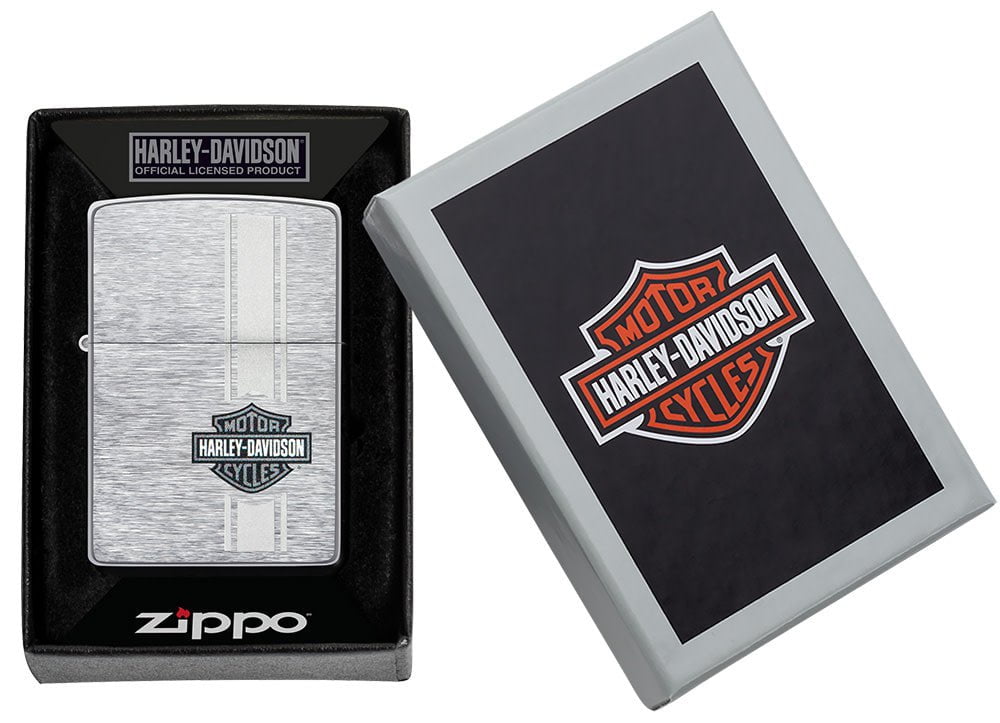 Harley-Davidson® Bar and Shield Brushed Chrome Windproof Lighter in its packaging.