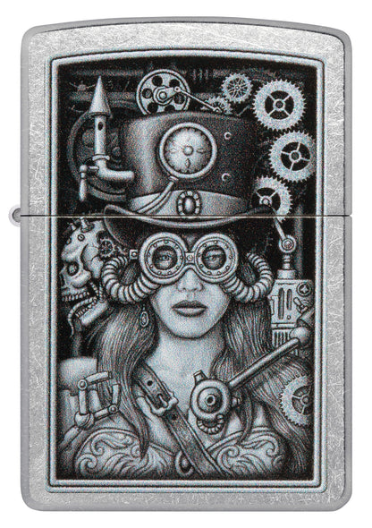 Front shot of Steam Punk Woman Street Chrome Windproof Lighter.