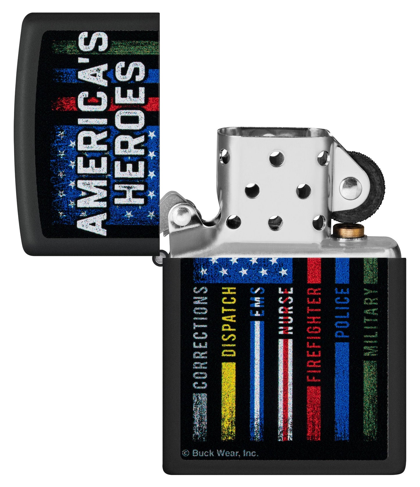 Zippo Buckwear America's Heroes Design Black Matte Windproof Lighter with its lid open and unlit.