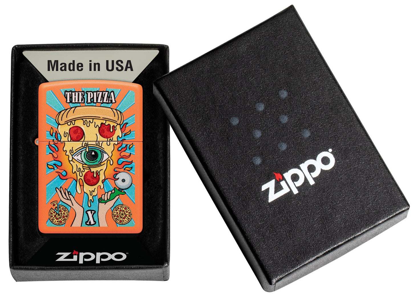 Zippo Eye of Pizza Orange Matte Windproof Lighter in its packaging.