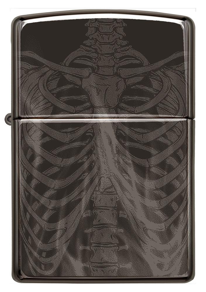 Front shot of Rib Cage Design High Polish Black Windproof Lighter.