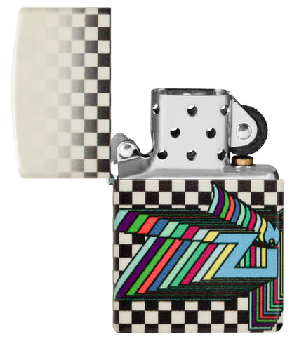 Zippo Nostalgia Design 540 Color Glow in the Dark Windproof Lighter with its lid open an unlit.