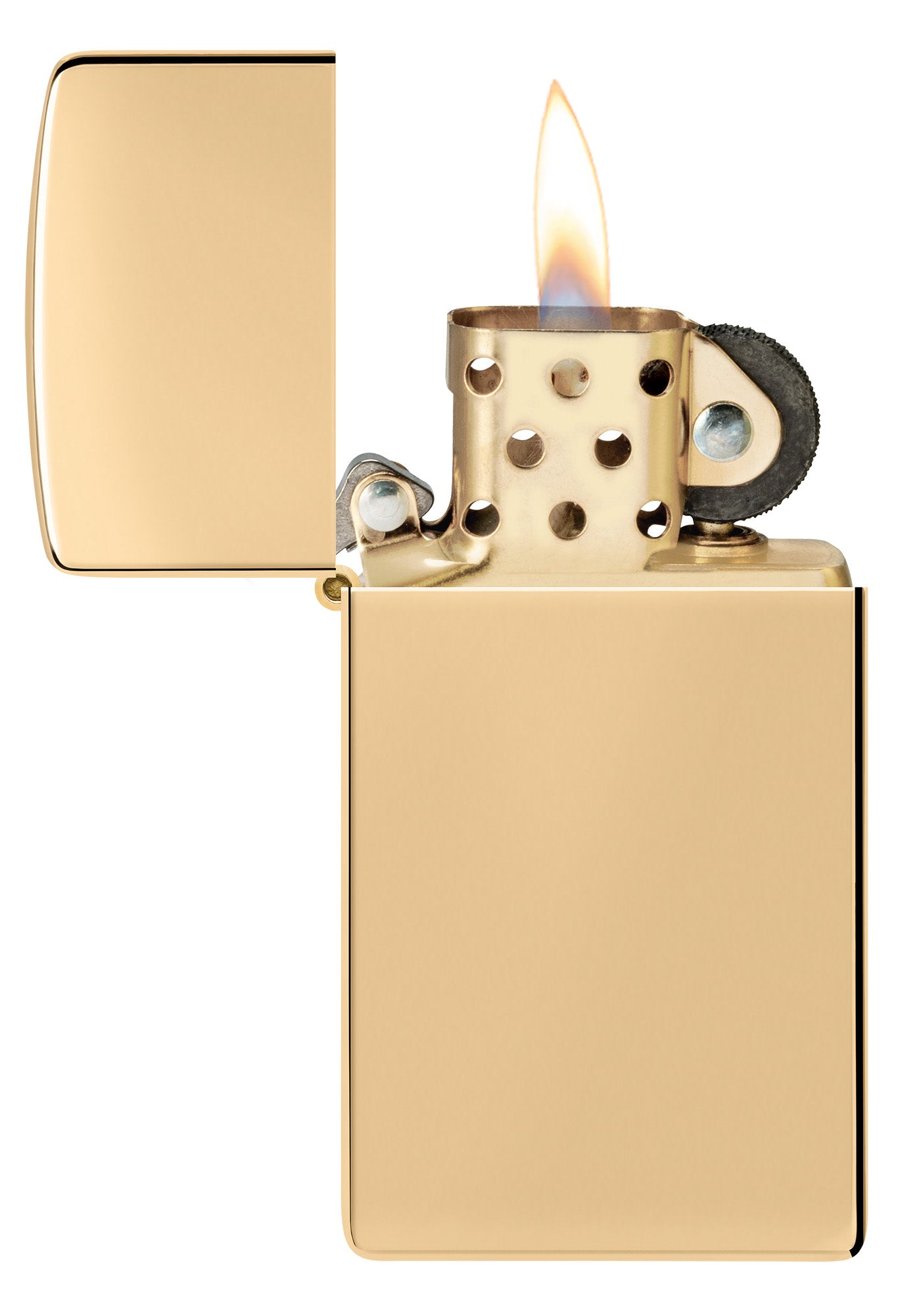 Slim® High Polish Brass Finish Windproof Lighter with its lid open and lit