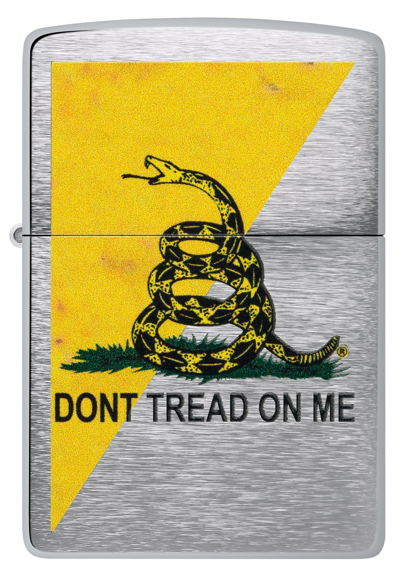Front shot of Dont Tread On Me® Flag Design Brushed Chrome Windproof Lighter.