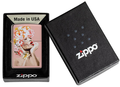 Floral Woman Design Rose Gold Windproof Lighter in its packaging