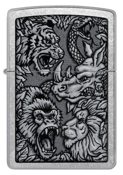 Front view of Zippo Jungle Design Street Chrome Windproof Lighter.