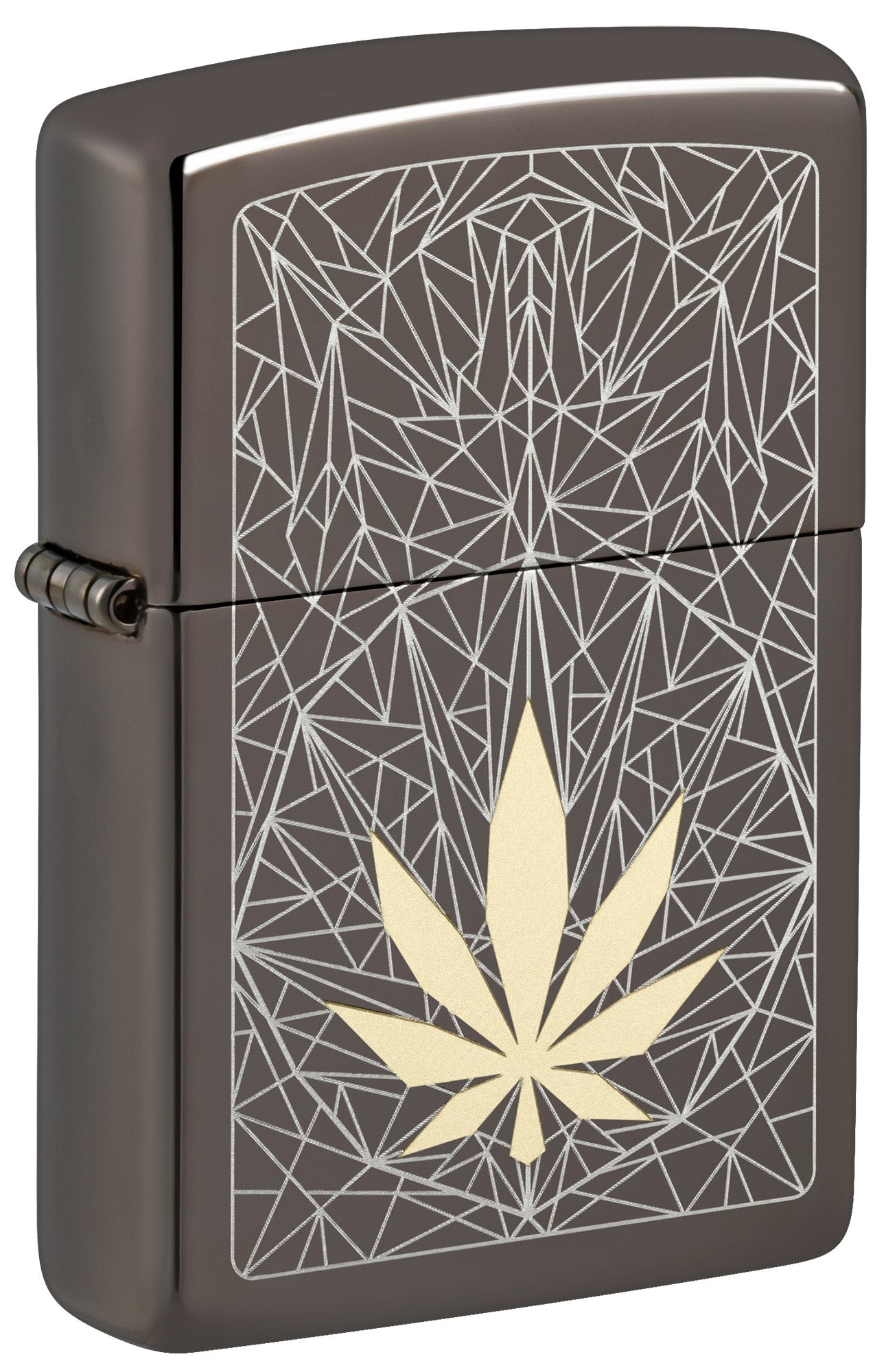 Front shot of Cannabis Design Laser Two Tone Black Ice Windproof Lighter standing at a 3/4 angle.