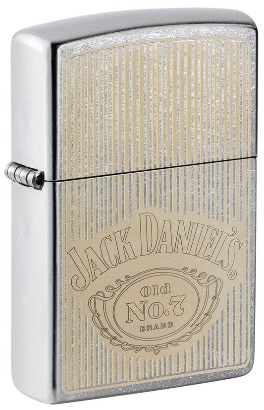 Front shot of Jack Daniel's® Logo Street Chrome™ Windproof Lighter standing at a 3/4 angle.