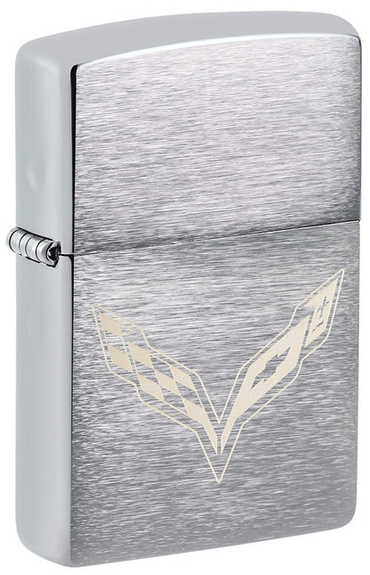 Front shot of Chevrolet® Corvette Logo Brushed Chrome Windproof Lighter standing at a 3/4 angle.