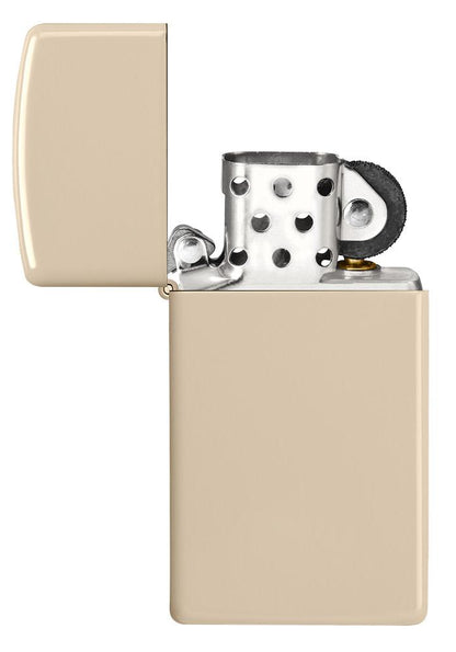 Slim® Flat Sand Windproof Lighter with its lid open and unlit.