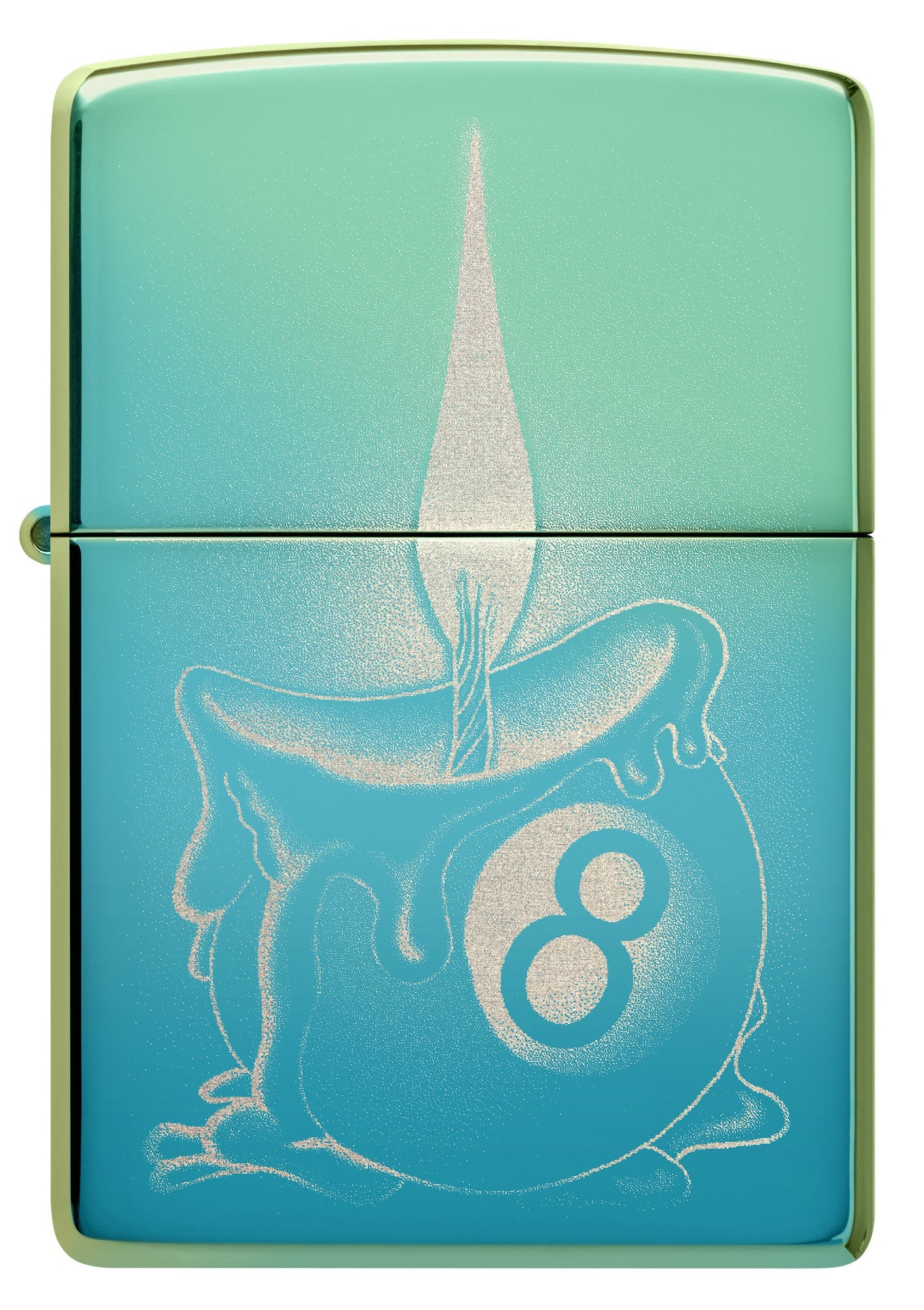 Front view of Zippo Eight Ball Tattoo Design High Polish Teal Windproof Lighter.