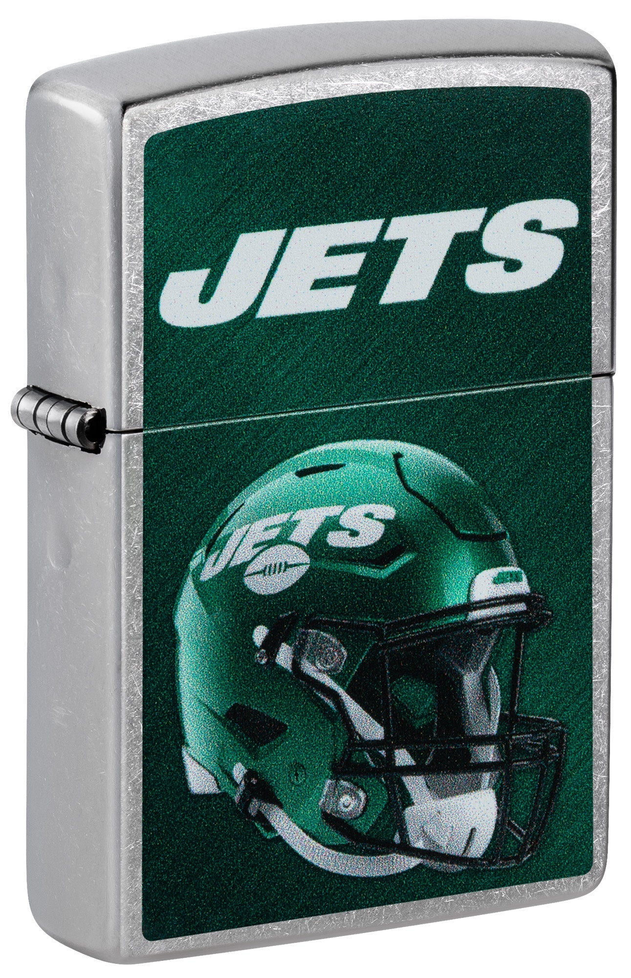 Front shot of NFL New York Jets Helmet Street Chrome Windproof Lighter standing at a 3/4 angle.