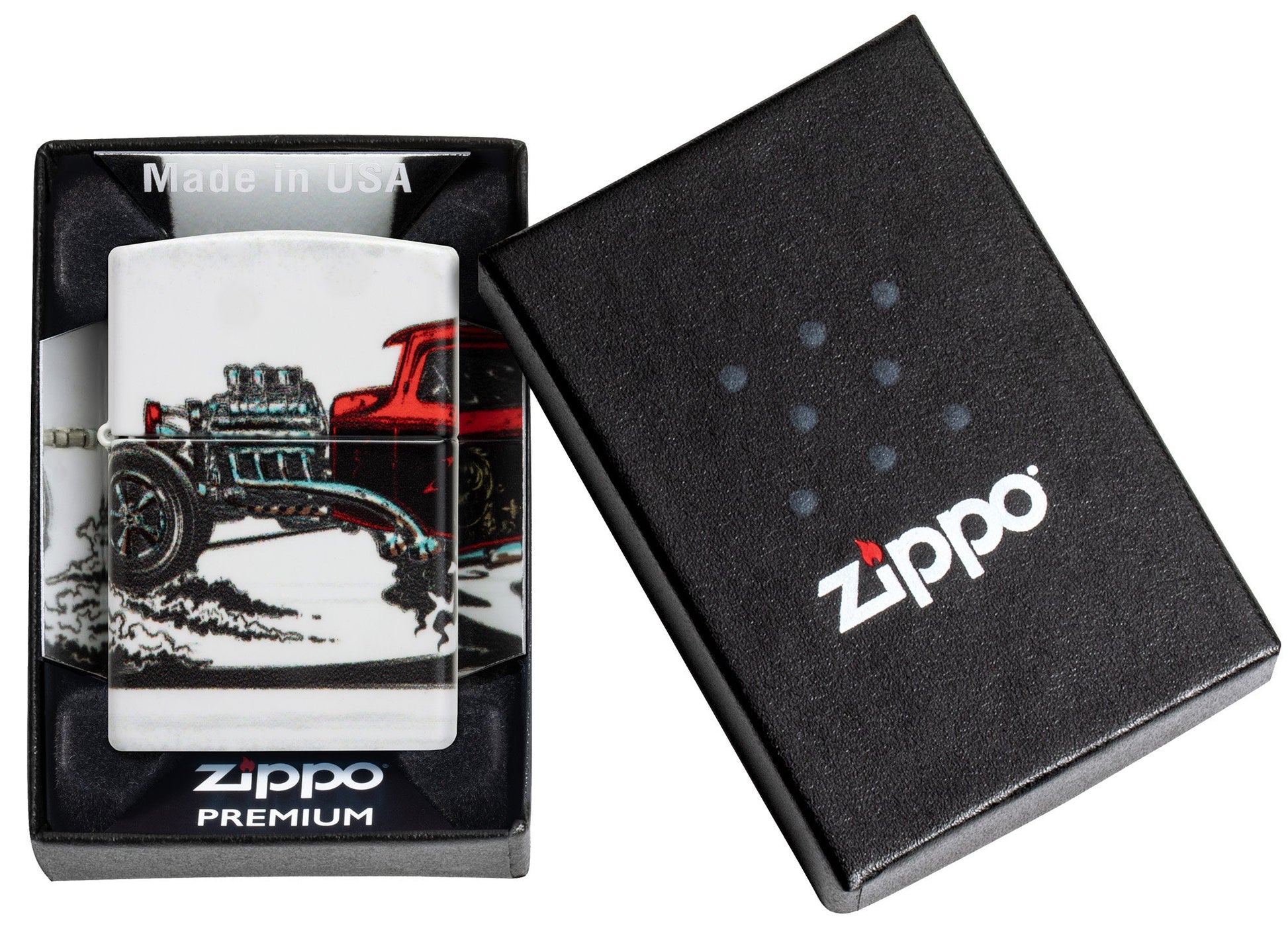 Zippo Hot Rod Design 540 Color Matte Windproof Lighter in its package.