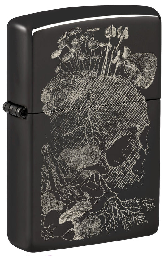 Front shot of Zippo Skull Mushroom Design High Polish Black Windproof Lighter standing at a 3/4 angle.